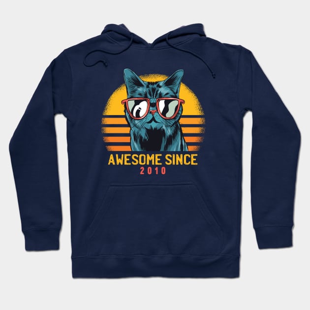 Retro Cool Cat Awesome Since 2010 // Awesome Cattitude Cat Lover Hoodie by Now Boarding